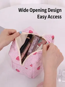 Pink striped strawberry quilted makeup bag with large capacity and smooth zipper closure