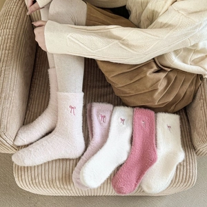 Warm pink mink velvet mid-tube socks with elegant bow embroidery for women's winter wear