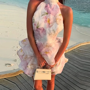 Halterneck Kleid Mit Blumenmuster Rückenfrei Gestuftes Rüschen Mini Tortenrock Süßes Sommerurlaub Elegantes Partykleid