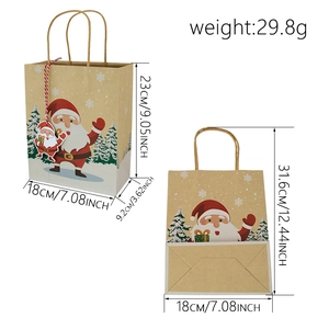 Christmas kraft gift bag with Santa Claus pattern, including size dimensions and tag