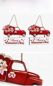 Detail of Valentine's Day red truck wooden door sign with UV printing and hanging rope