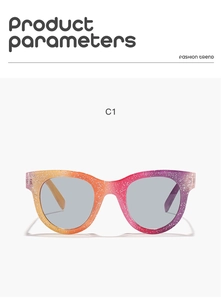 Detail of children's round glitter sunglasses featuring a yellow to purple gradient frame