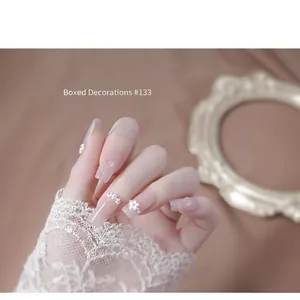 3D resin flowers and pearls nail art set #133 on elegant pink almond nails