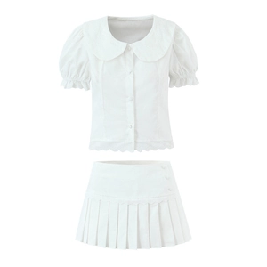 Donna Bianco Cotone Colletto Peter Pan Camicia Con Maniche A Sbuffo E Minigonna Pieghettata Con Ricamo In Pizzo Chic Elegante