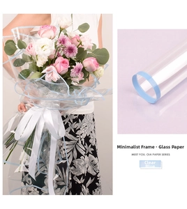 Waterproof clear OPP flower wrapping paper with sky blue minimalist line border detail