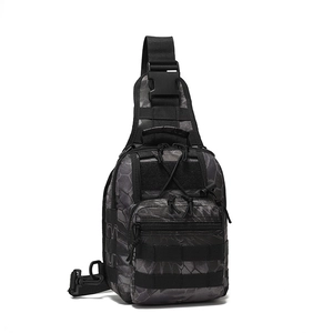 Detailed view of python camo tactical chest bag with MOLLE webbing and durable buckles