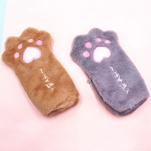 Cute plush cat paw pencil case in brown and grey featuring pink paw embroidery detail
