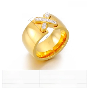 Detailed view of gold stainless steel wide ring with X-shaped sparkling rhinestone inlay