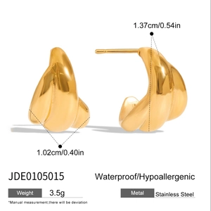 Detailed view of triple-layered 18K gold stainless steel earrings with product specs