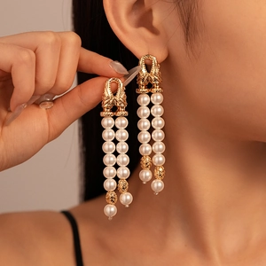 Vintage Geometrische Künstliche Perlen Quasten Ohrringe Für Frauen Goldlegierung Schmuck Mit Silbernem Ohrstecker Französischer Stil