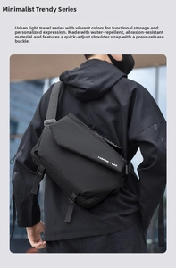 Detailed view of waterproof black functional crossbody bag with quick-release buckle