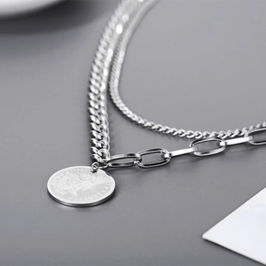 Double-layered silver stainless steel coin pendant necklace with Cuban and O-link chains