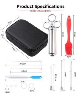 Vue détaillée du kit d'injecteur de viande en acier 304 avec étui et dimensions