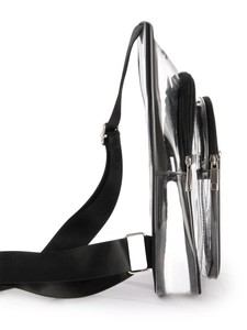 Modern waterproof transparent PVC chest bag with black nylon strap and silver buckles
