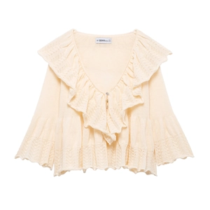 Women Knitted Top Ruffle V-Neck Long Sleeve Pointelle Hollow Out Sweet Elegant Pullover Sweater Milky White Solid