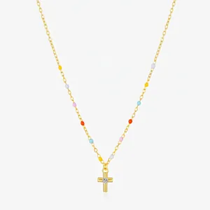 925 Sterling Silver Cross Pendant Necklace Colorful Beads Sparkling Zircon Gold Plated Jewelry For Women