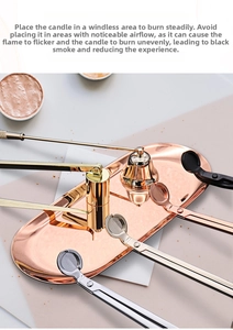 Rose gold stainless steel candle care set with trimmer, snuffer, dipper, and tray