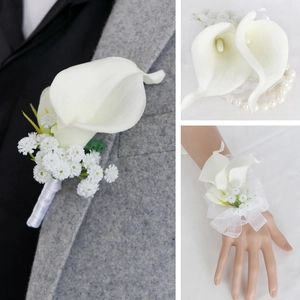 White calla lily wedding boutonniere and wrist corsage set with pearls and ribbon