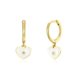 Close-up of heart-shaped white enamel earrings with gold plating and center zircon
