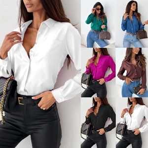 Women Long Sleeve Shirt Satiny Satin Polyester V-Neck Lapel Button Down Solid Color Elegant Office Commute Blouse