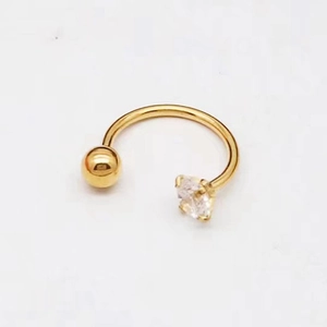 Golden horseshoe C-shaped stainless steel ear stud with a sparkling clear zircon stone