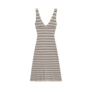 Detailed view of the striped knit texture on a beige V-neck sleeveless slim midi dress