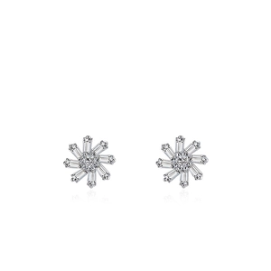 Flower Stud Earrings 925 Sterling Silver With Tapered Baguette Cubic Zirconia For Women Elegant Snowflake Jewelry