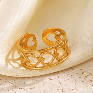 Heart Shaped Stainless Steel Ring Hollow Out Adjustable Open Finger Ring Vacuum Gold Plated Fashion Jewelry For Women