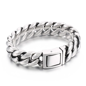 Retro distressed stainless steel Cuban link bracelet for men with black snap buckle