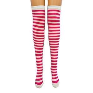 Pink and white striped over-knee high socks in knitted fabric for festive party costumes