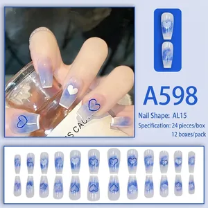 Blue and white gradient heart nail press-ons with AL15 shape in 24-piece full set