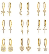 Detailed grid showing nine pairs of gold-plated zircon earrings with leaf and heart charms