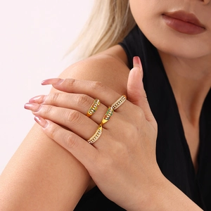 Gold-plated stainless steel stackable rings set with colorful stones and shell pearls