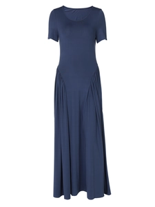 Women's summer navy blue U-neck maxi dress with short sleeves and pleated flowy skirt