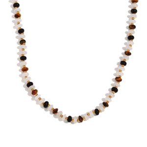 Chic 18K gold plated tiger eye and white jade beaded necklace on a white background