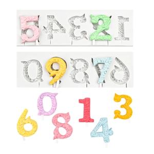 DIY silicone 0-9 number molds with embossed floral textures for cake and fondant
