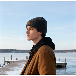 Detail of dark grey winter knit beanie featuring a brown leather patch and thick texture