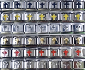 Macro display of assorted colorful cross patterns on modular stainless steel charm links