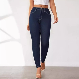 High waist skinny dark blue denim jeans for women with white contrast stitching