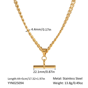 Detailed dimensions of the gold stainless steel bar pendant necklace with T-bar clasp