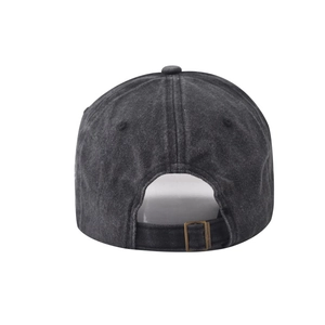 Detail view of adjustable metal buckle and washed fabric on a grey baseball cap