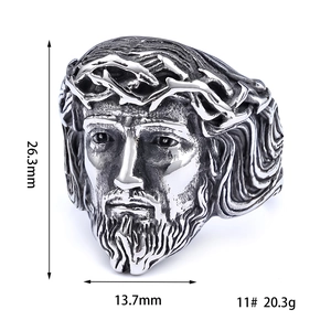 Macro detail of stainless steel Jesus ring showing 26.3mm height and 20.3g weight specs