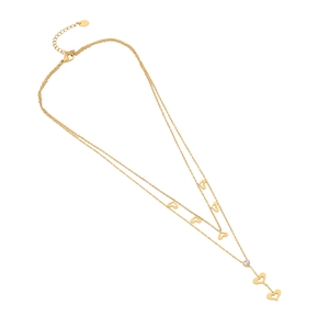 Double-layer stainless steel heart necklace with butterfly chain and crystal inlay
