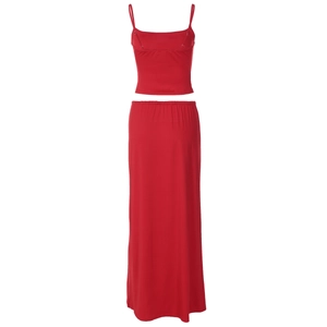 Rear view of red two-piece set featuring slim camisole and ruched waist maxi skirt