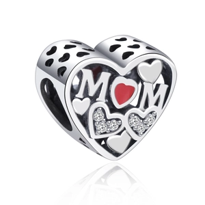 925 Sterling Silver Heart MOM Charm Red Enamel Rhinestone Hollow DIY Jewelry Bead For Bracelet Mother's Day Gift Fashion Jewelry