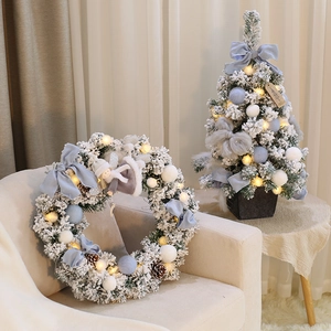 Mini Christmas Tree And Wreath Set Flocked PVC Pre Lit LED Desktop Nordic Holiday Decor Angel Theme