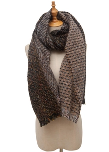 Detail view of brown mixed tweed knit scarf featuring soft fringe and textured yarn
