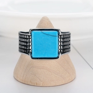 Vintage stainless steel ring for men with square blue turquoise stone and engraved band