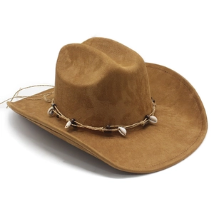 Close-up of suede cowboy hat with woven rope band, natural shells and wooden beads