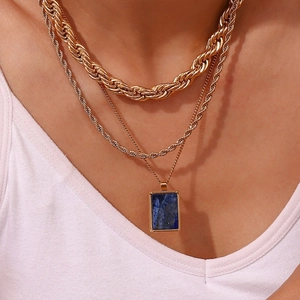 Three-layer 18K gold plated stainless steel necklace with blue rectangle pendant